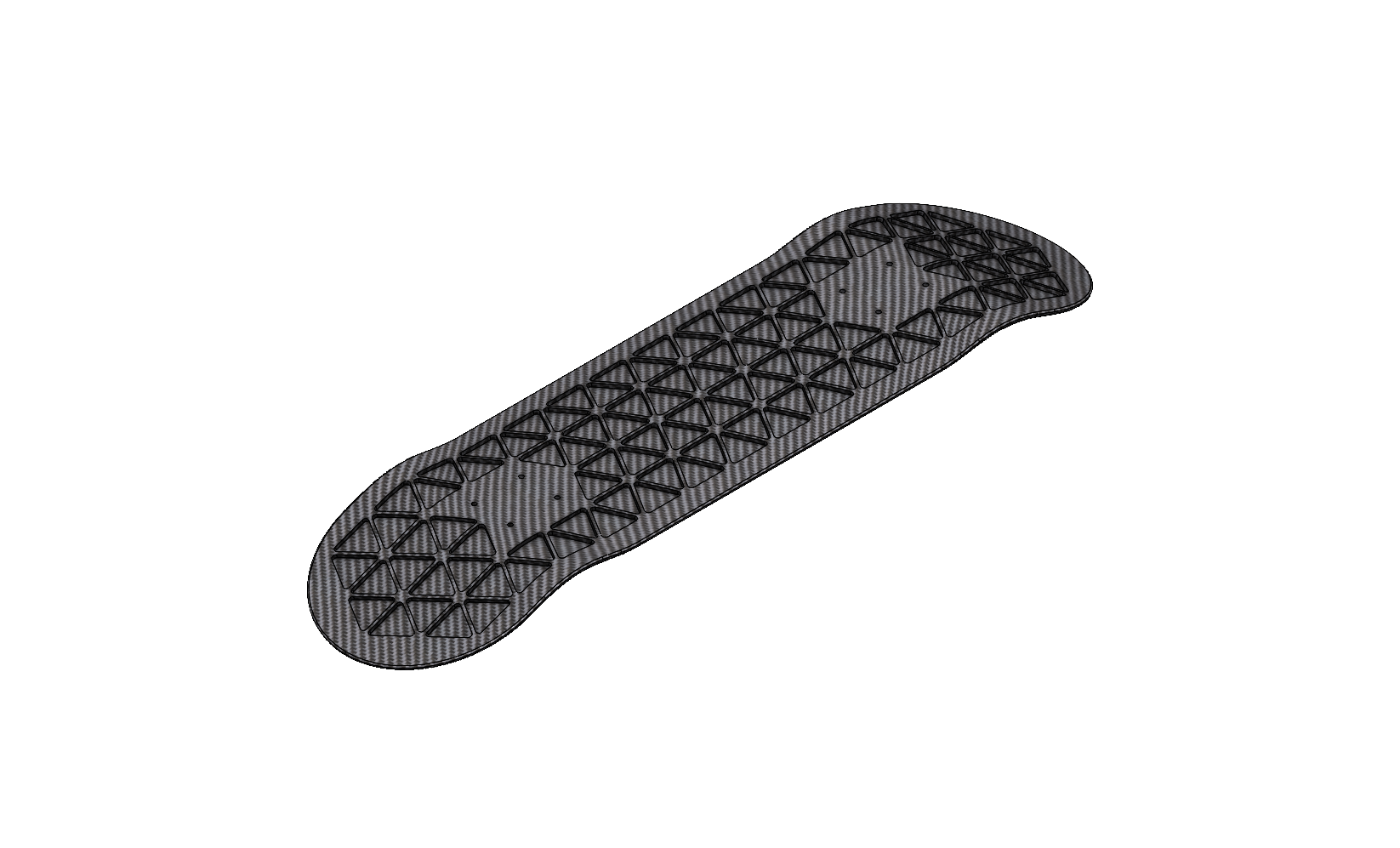 Carbon fiber skateboard deck with isogrid pattern bottom view.