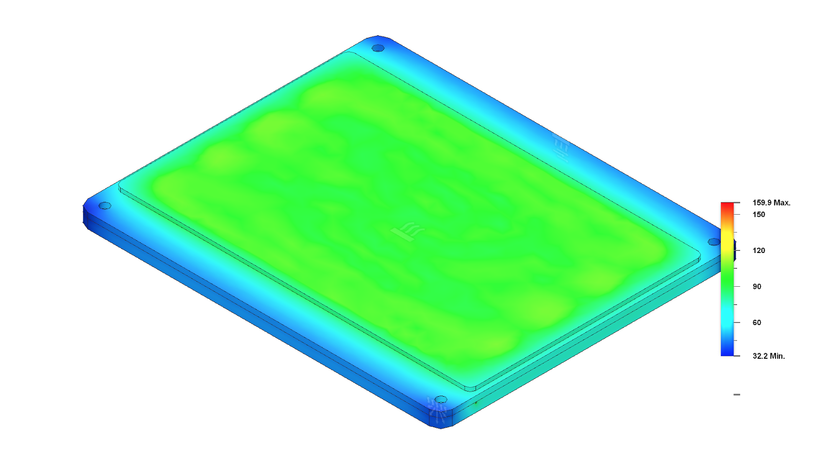 A thermal simulation of the heating plate shown with the top plate.