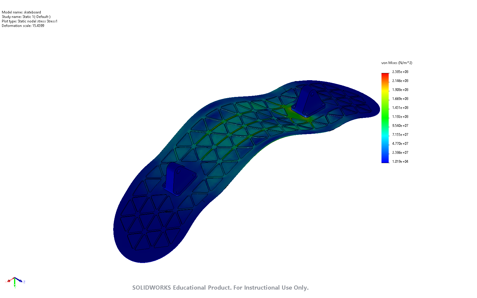 Carbon fiber skateboard deck with isogrid pattern stress analysis view 2.