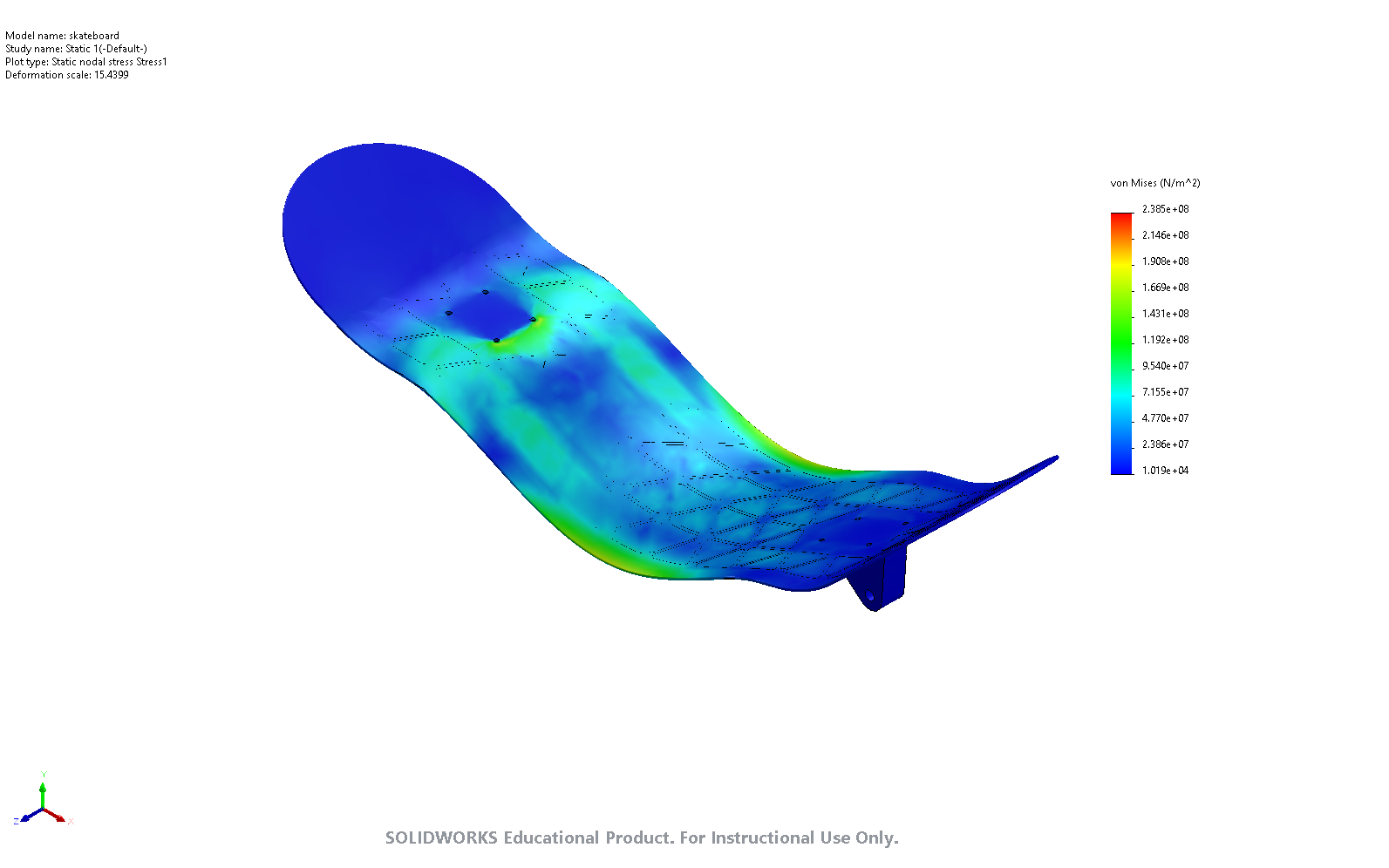 Carbon fiber skateboard deck with isogrid pattern stress analysis.